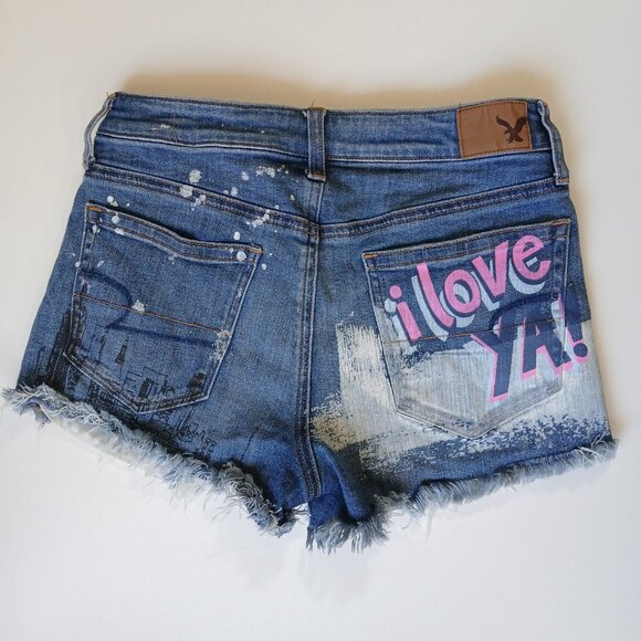 American Eagle Hi-Rise Festival Shorts 4 Distressed Floral Paint Splatter Y2K - Picture 4 of 15